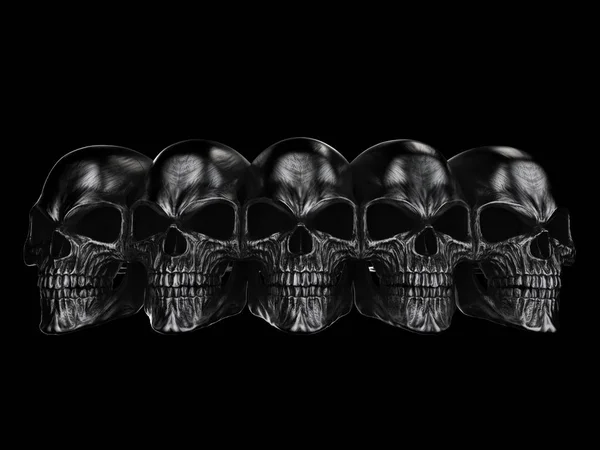 Dark horror crânios de metal preto em uma linha — Fotografia de Stock