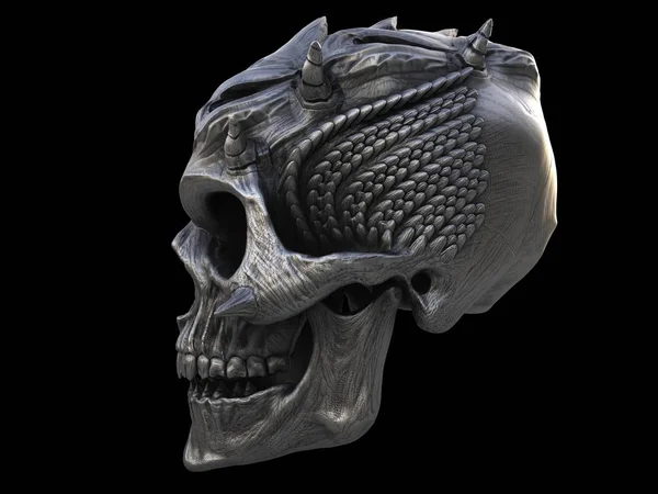 Crâne en métal lourd démon cornu - vue latérale — Photo