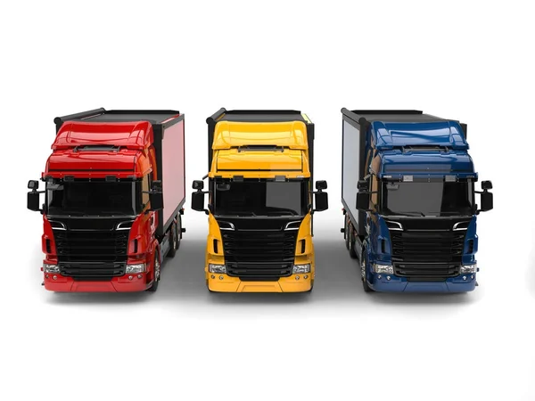 Camiones de transporte pesado - rojo, azul y amarillo - vista frontal — Foto de Stock
