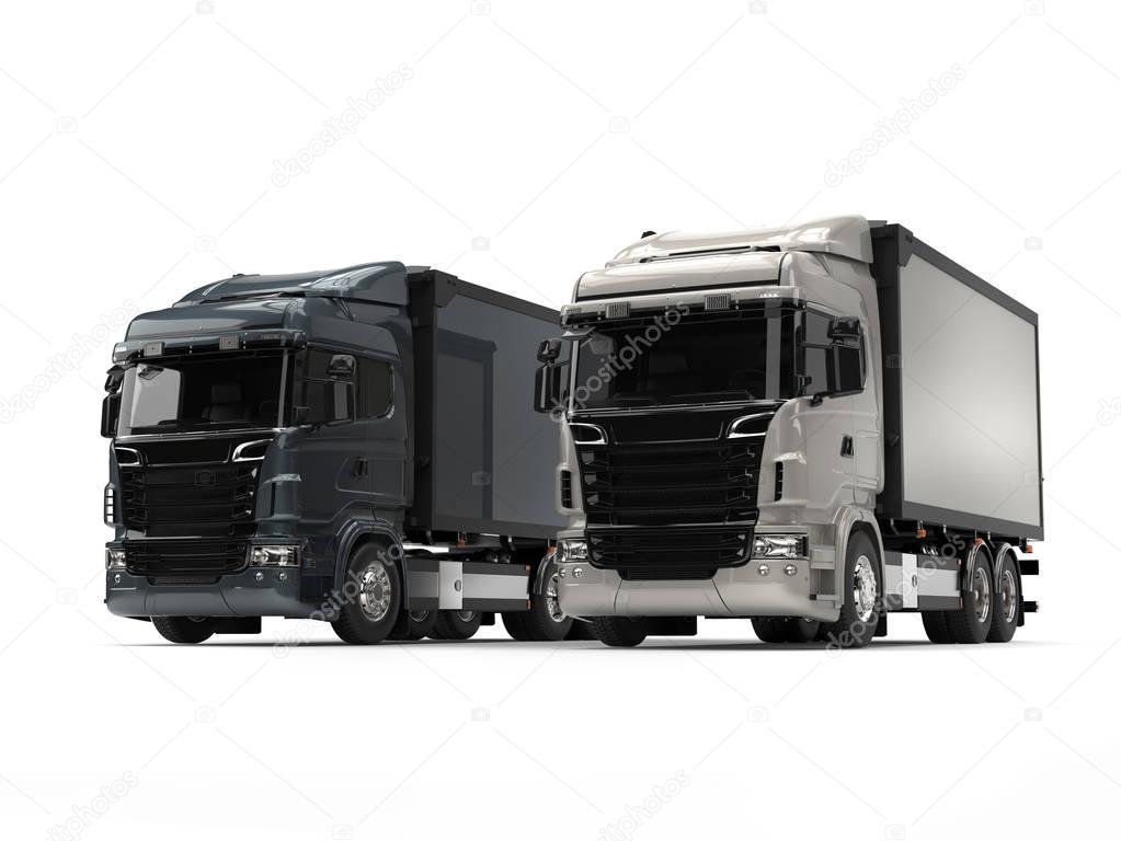 Modern metallic heavy transport trucks - light and dark