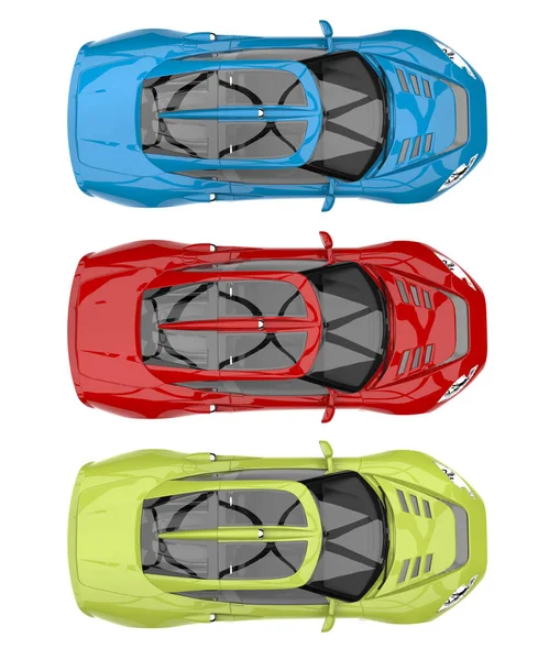 Красные, зеленые и синие суперспорткары - вид сверху — стоковое фото