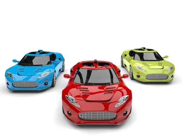 Vermelho, verde e azul moderno super carros de corrida — Fotografia de Stock