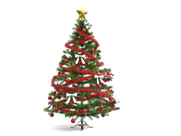 Christmas tree with shiny red tinsels and white ribbons — Stock Photo, Image