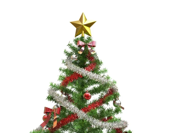 Árbol de Navidad con borlas rojas y blancas brillantes y decoración superior estrella de oro —  Fotos de Stock