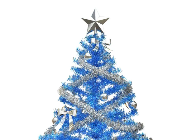 Árbol de Navidad azul brillante con oropeles de plata y decoraciones - primer plano —  Fotos de Stock