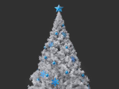 Mavi süslemeleri ile güzel beyaz Noel ağacı