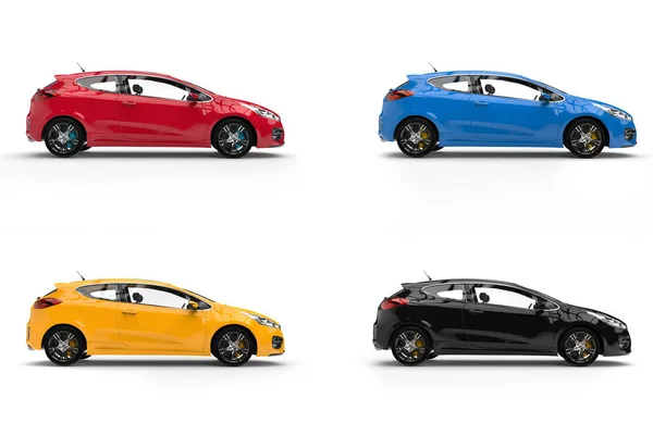 Kırmızı, mavi, sarı ve siyah modern elektrikli arabalar — Stok fotoğraf