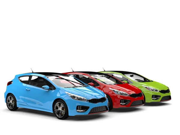 Fajny i stylowy nowoczesny czerwony, zielony i czerwony elektryczny samochody — Zdjęcie stockowe