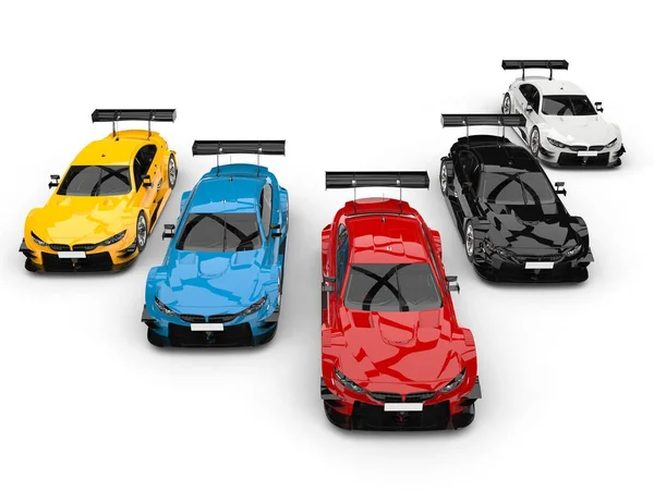 Colorful modern super race cars - top down view