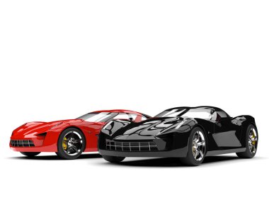 Azgın kırmızı ve gece yarısı siyah spor arabalar süper