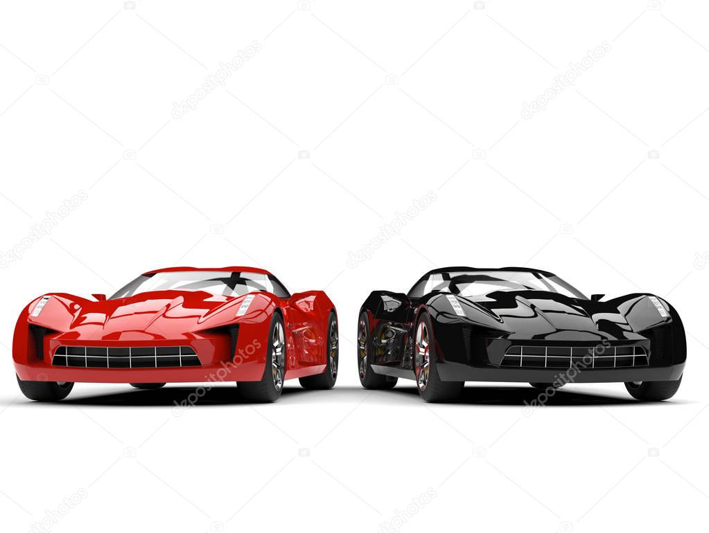 Raging red and midnight black super sports cars - side by side