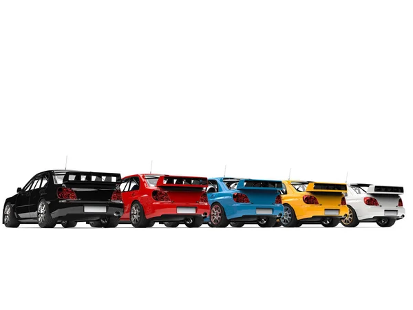 Nowoczesne Gt kolorowe samochody wyścigowe - widok z tyłu — Zdjęcie stockowe