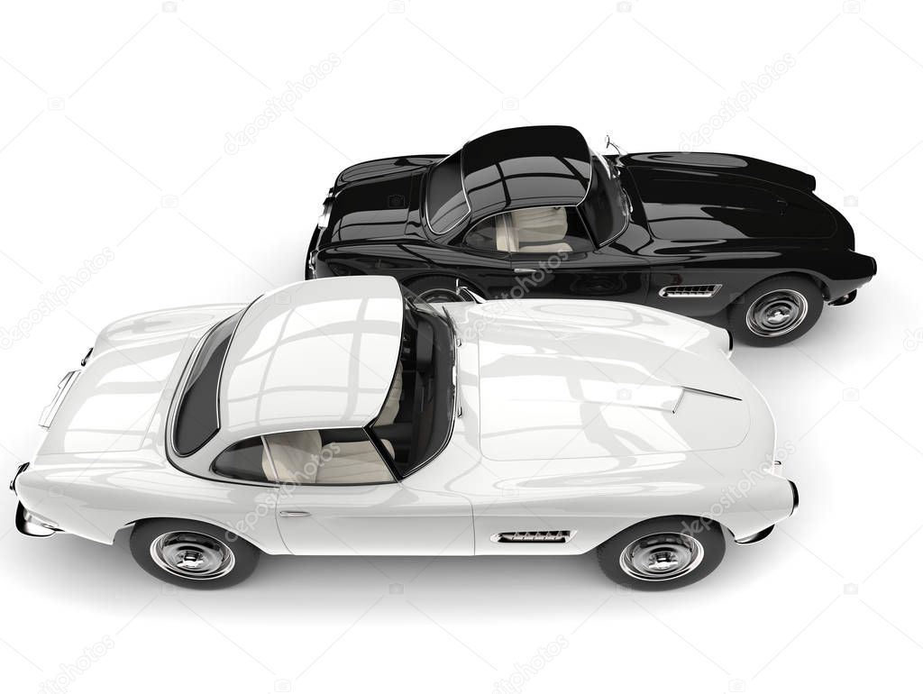 Beautiful black and white vintage sports cars - side view