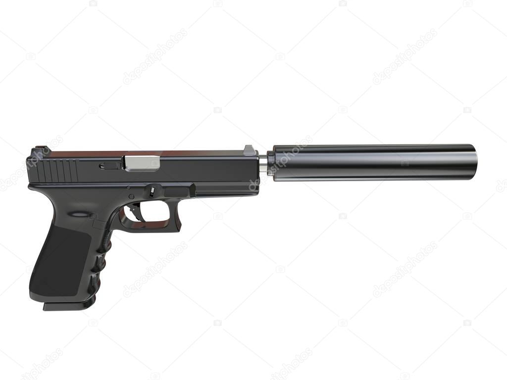 Semi - automatic modern tactical handgun with silencer - side view