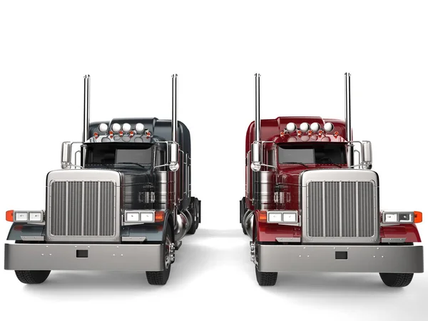 Classic Eighteen Wheeler Trucks Metallic Gray Red Colors Front View — Stock Photo, Image