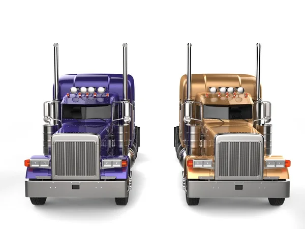 Purple Gold Big Semi Trailer Trucks Side Side Front View — Stock Photo, Image