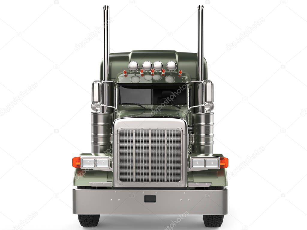 Olive green metallic big long haul truck - front view