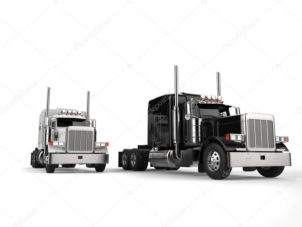 Midnight black and bright white 18 wheeler trucks
