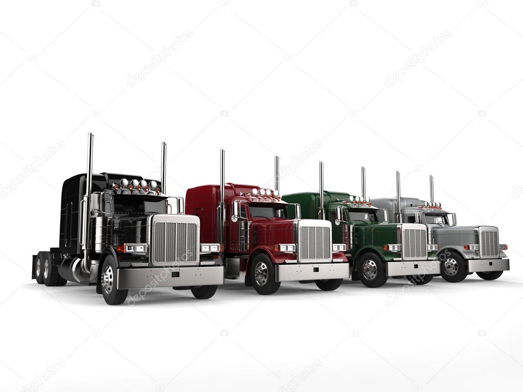 Eighteen wheeler trucks in black, red, green and silver colors