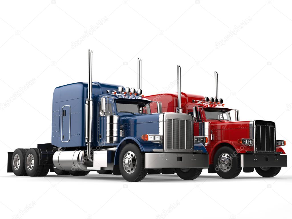Red and blue big modern semi - trailer trucks - side by side