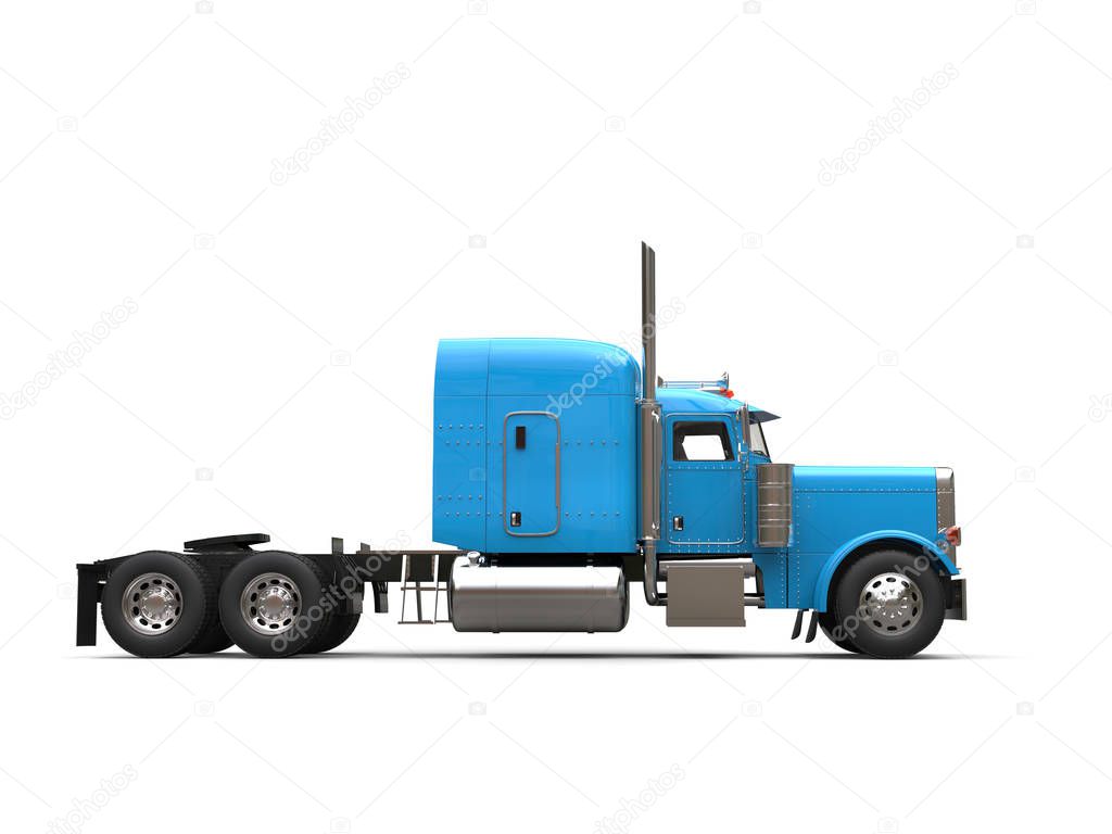 Bright blue 18 wheeler truck - no trailer - side view