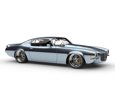 Parıldayan metalik mavi Amerikalı eski model araba