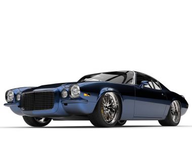 Metalik koyu mavi güzel eski model Amerikan klasik araba - epik düşük açısı shot