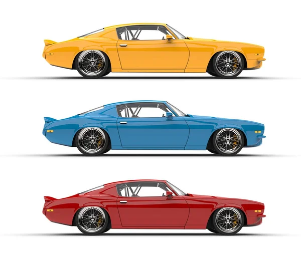 经典的老式美国汽车在红色 蓝色和黄色的颜色 侧面视图 — 图库照片