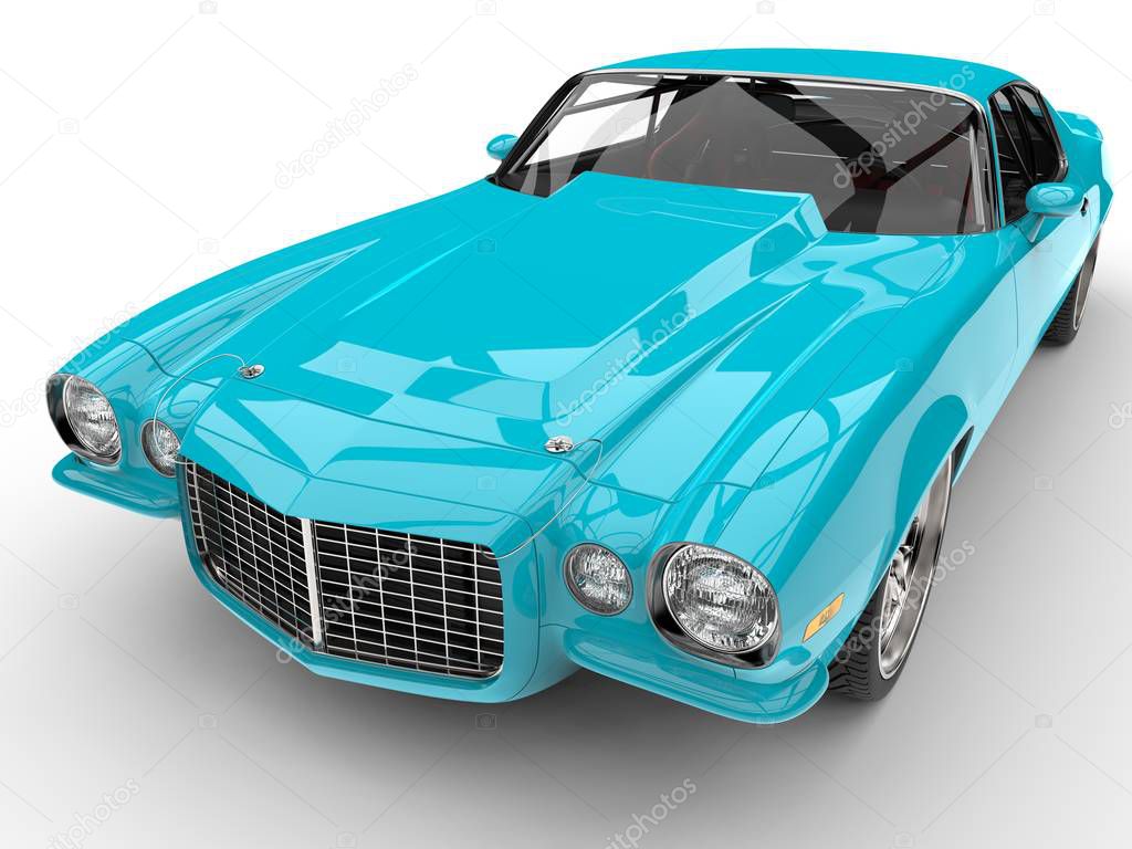 Fluorescent blue classic American vintage car - engine hood closeup shot