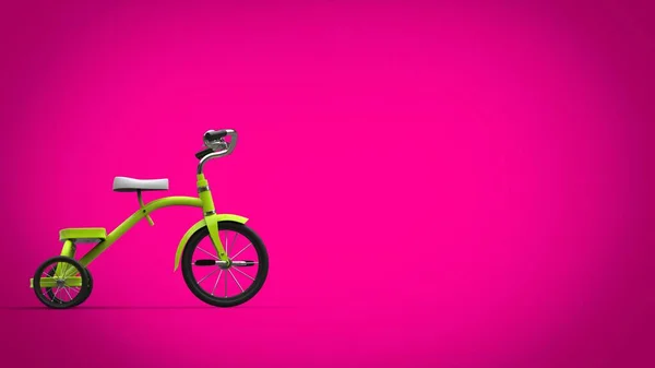Красивый Зеленый Трехколесный Велосипед Розовый Фон — стоковое фото
