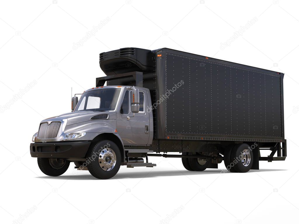 Silver refrigerator truck with black trailer