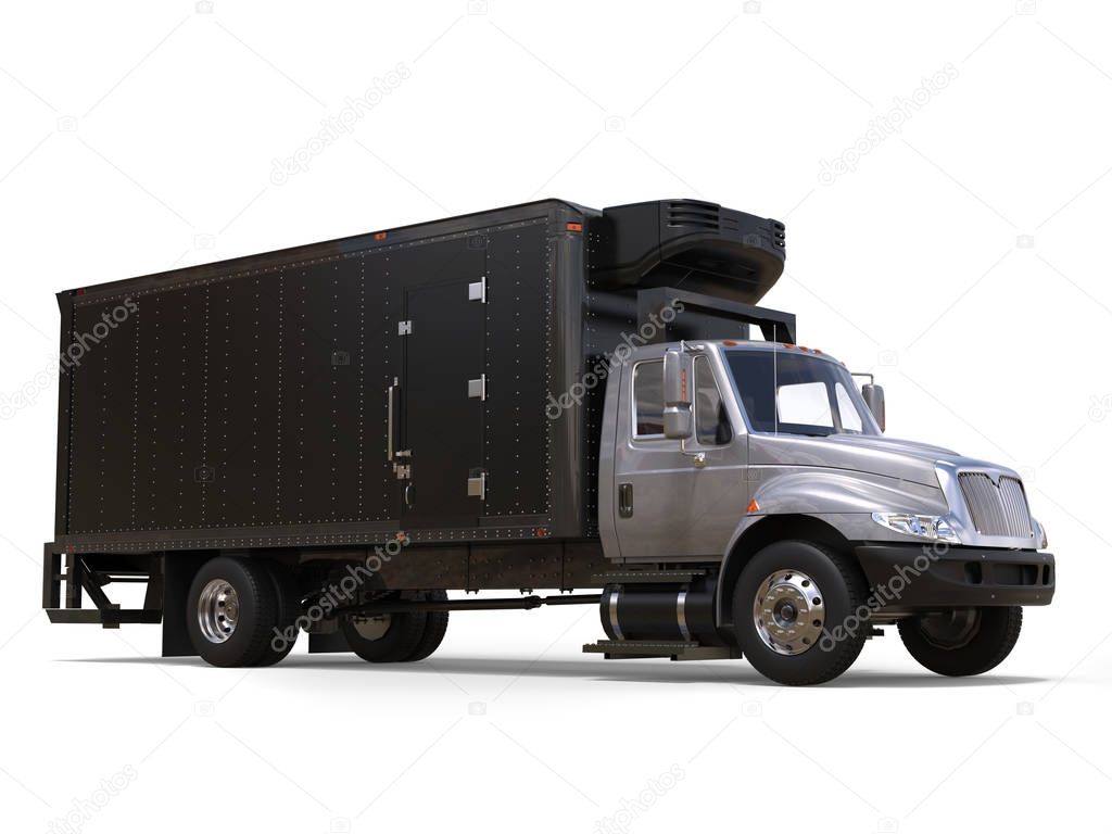 Silver refrigerator truck with black trailer unit