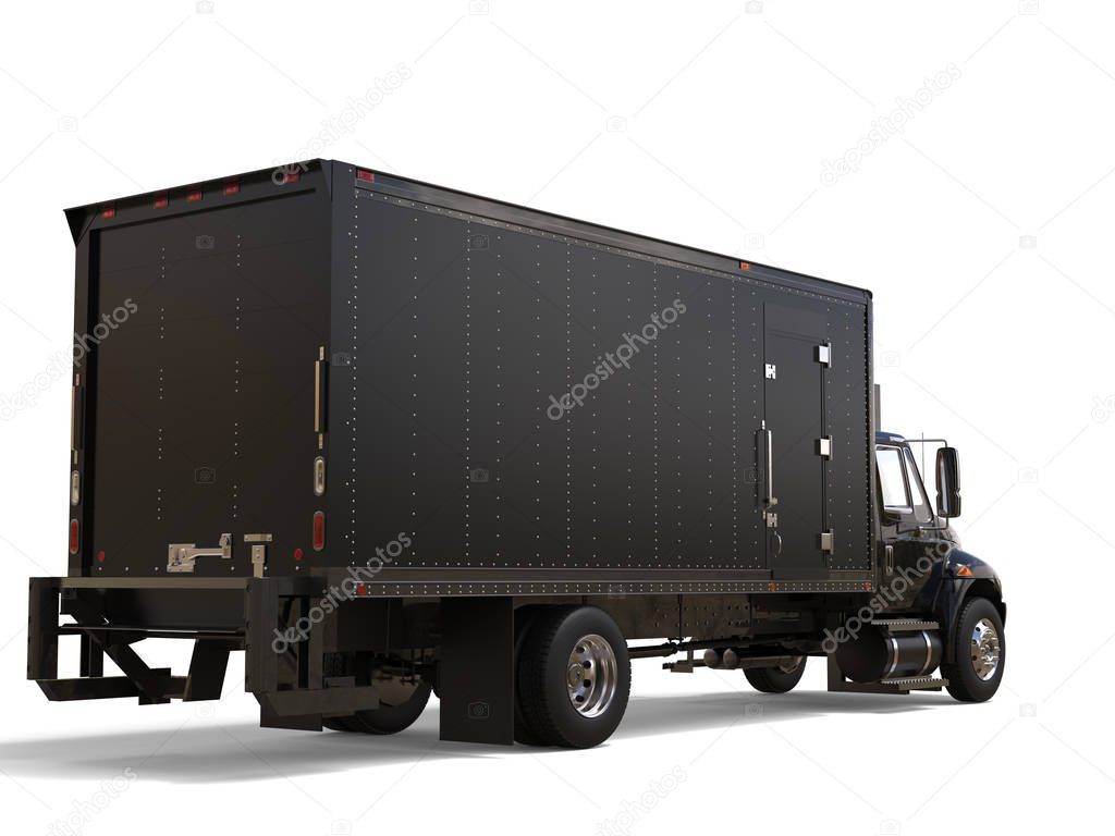 Black refrigerator truck with black trailer unit - back view