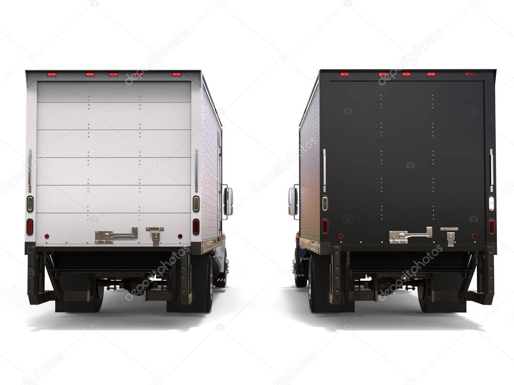 Black and white refrigerator trucks - side by side - back view