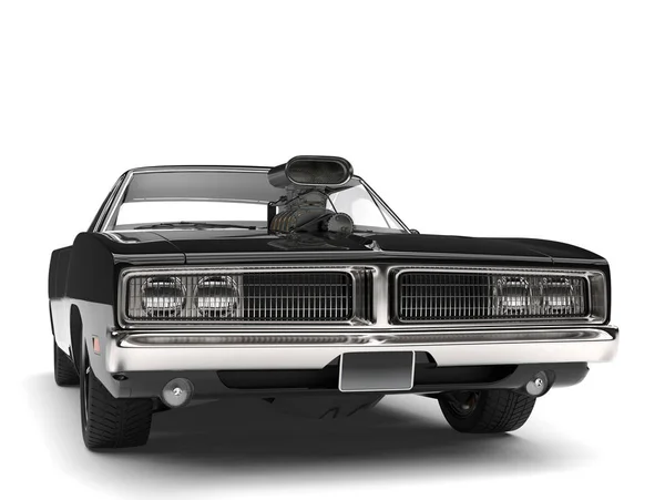 Pitch Black American Vintage Muscle Car Front View Closeup Shot — Stock Photo, Image