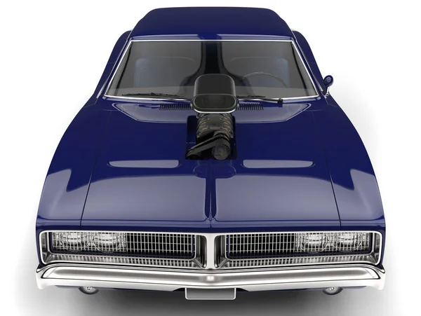 Djupblå Vintage Amerikanska Muskel Bil Framifrån Närbild Skott — Stockfoto
