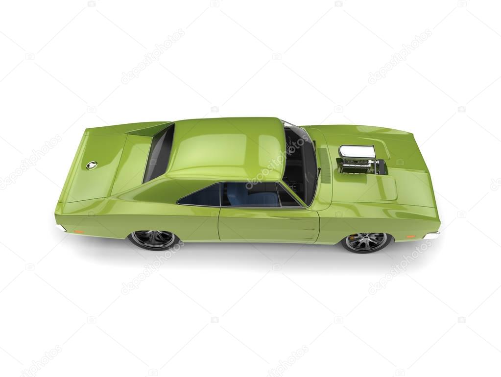 Bright green vintage American muscle car with huge engine block - top down side view