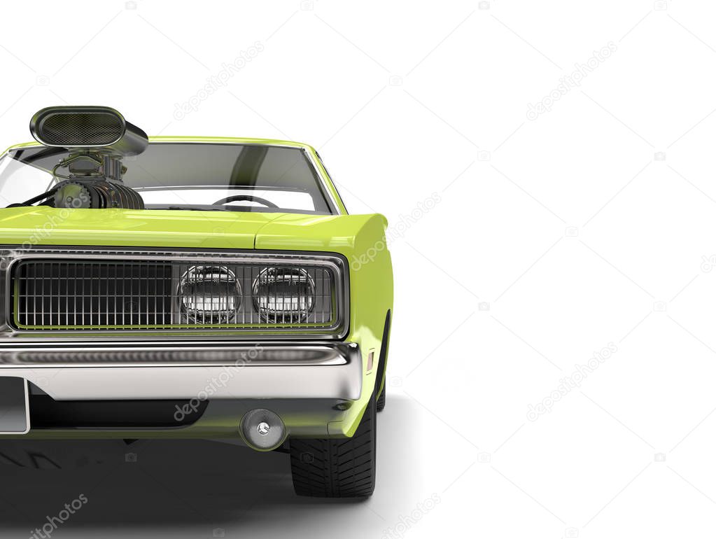 Lime green vintage American muscle car - extreme closeup cut shot