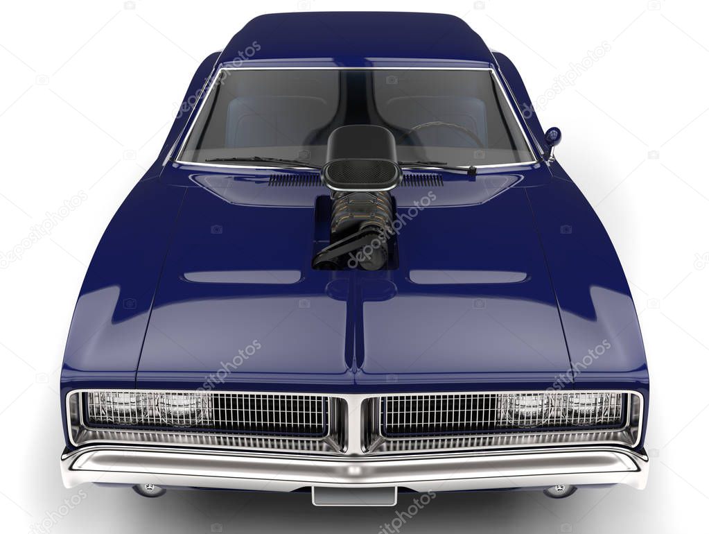 Deep blue vintage American muscle car - front view closeup shot