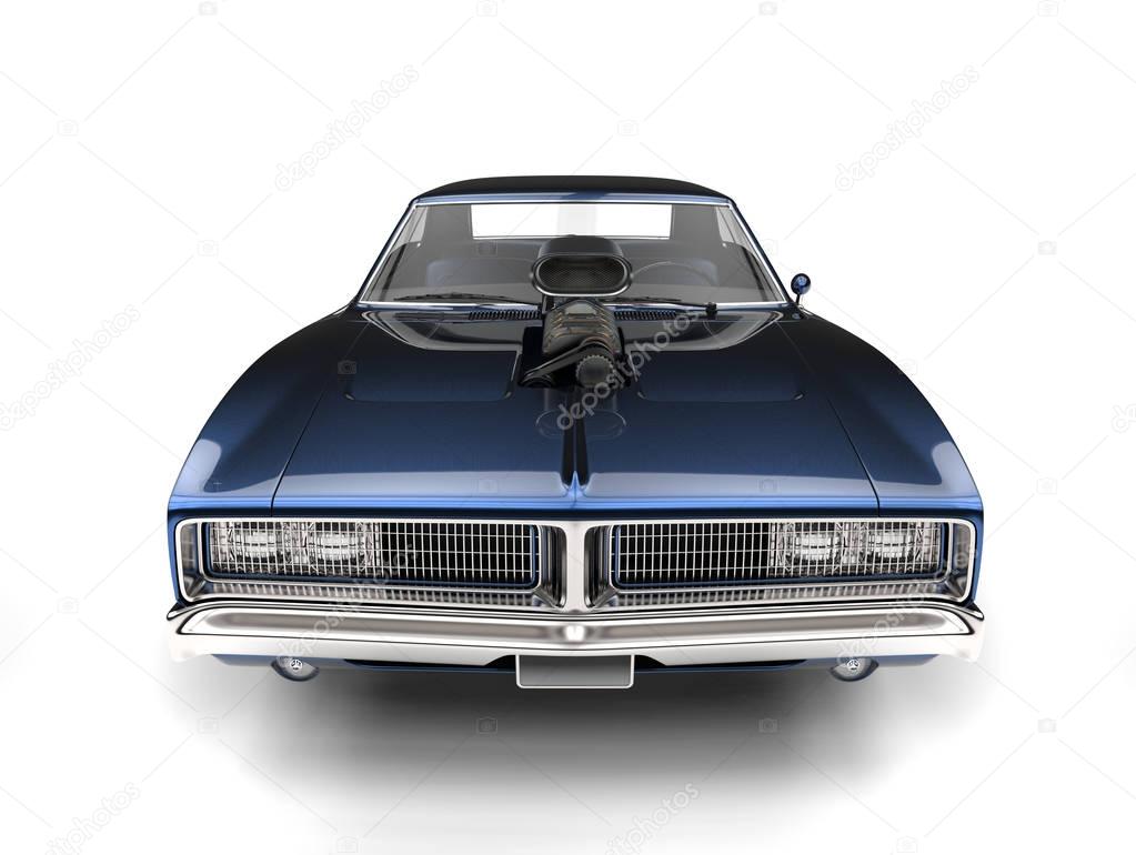 Dark blue metallic vintage American muscle car - front view