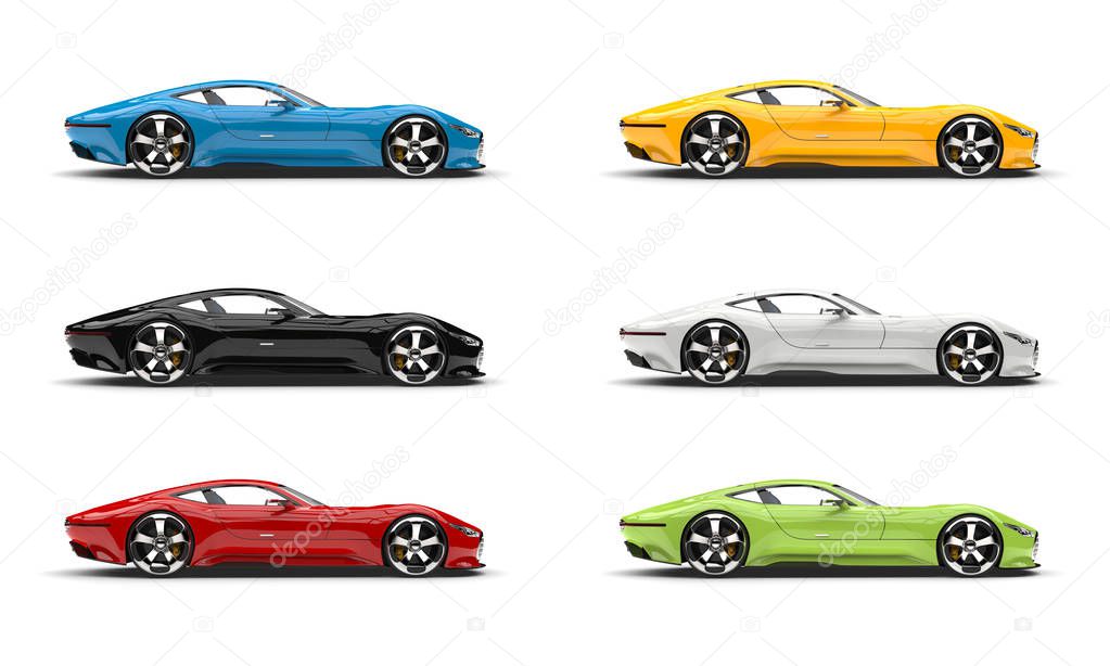 Set of modern super sports cars in various colors