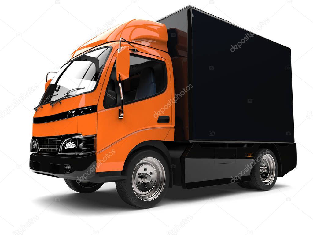 Orange small box truck with black trailer