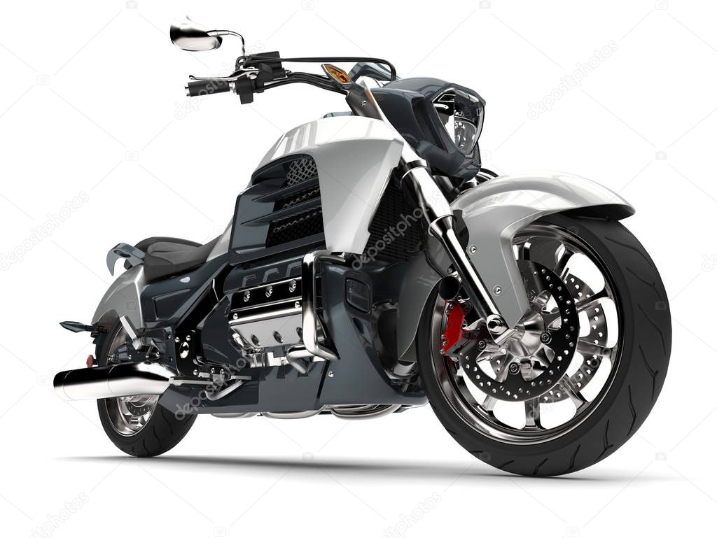 Metallic slate grey and silver modern powerful motorcycle