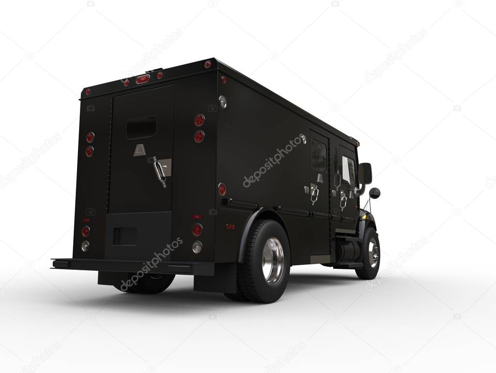 Black armored box truck - tail view