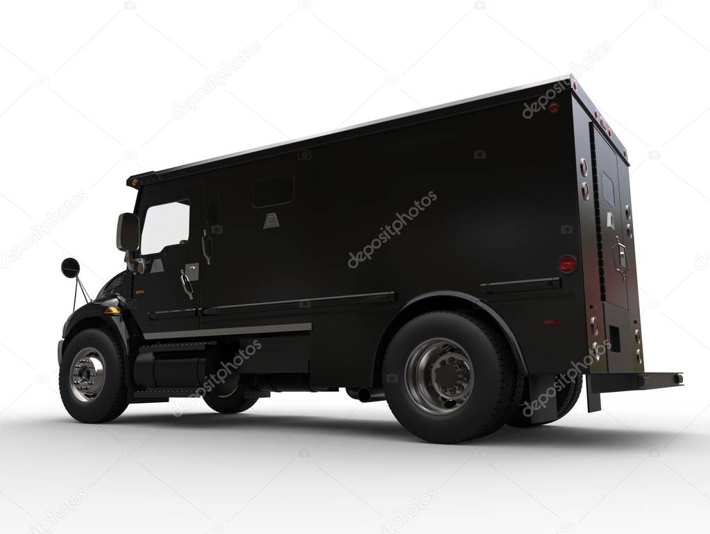 Black armored box truck - low side view