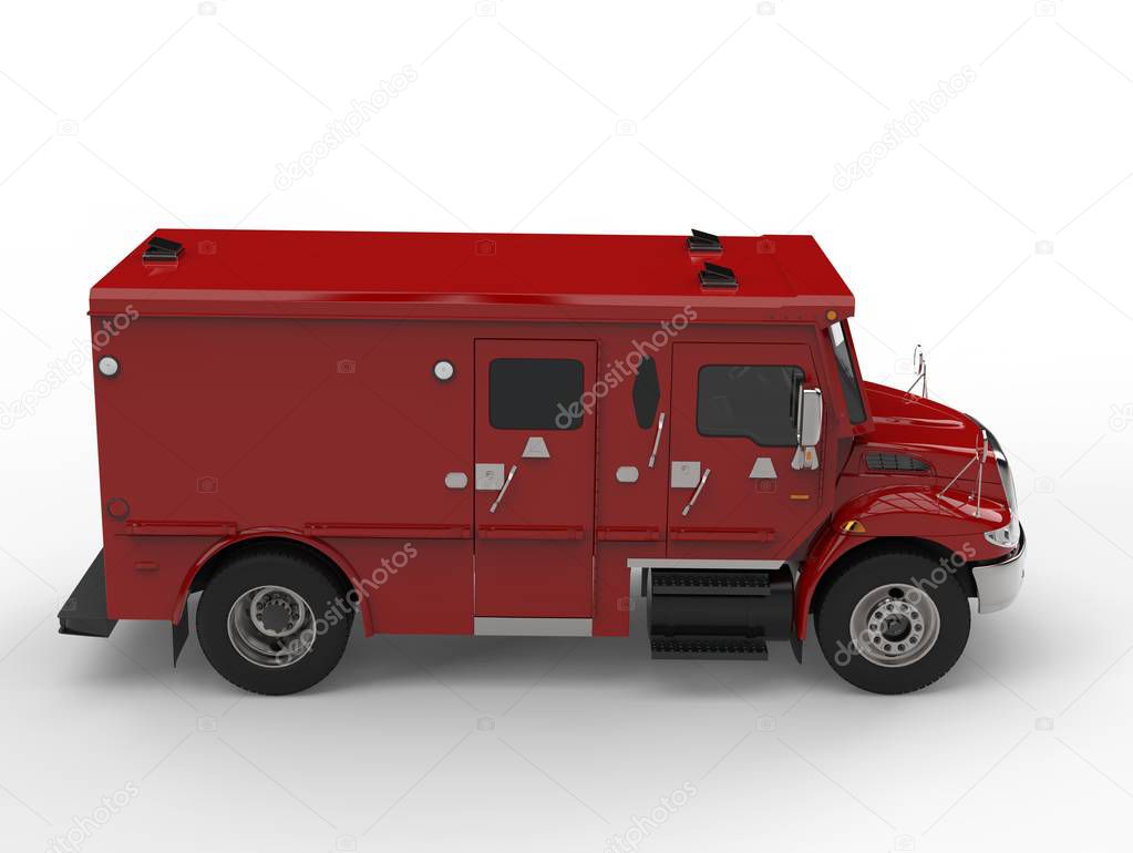 Red armored transport truck - side view