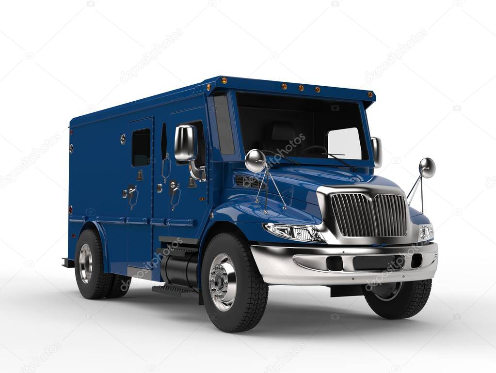 Blue armored transport truck