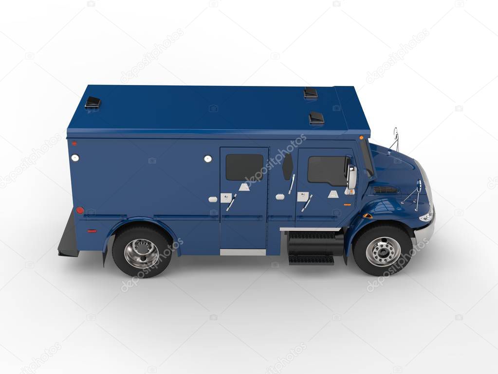 Blue armored transport truck - top down side view