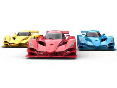 Kırmızı, mavi ve sarı modern süper spor yarış arabaları