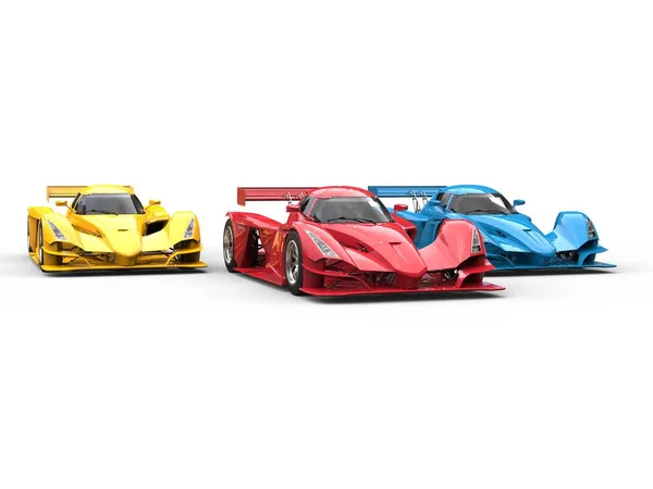 Modern Super Sport Race Cars Red Blue Yellow — Stock Photo, Image